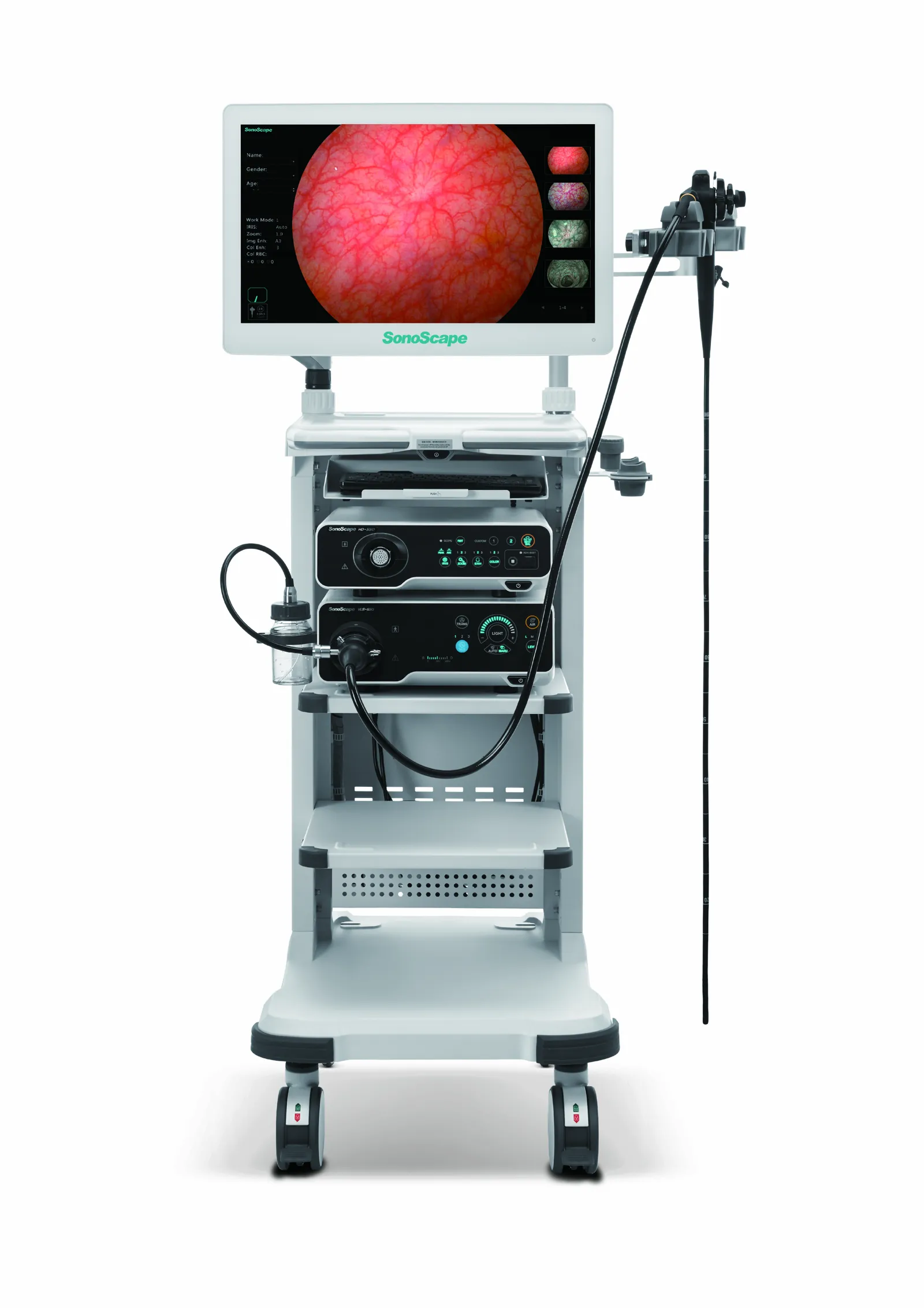 Sistema HD-550 montado no carrinho, com monitor e endoscópio.